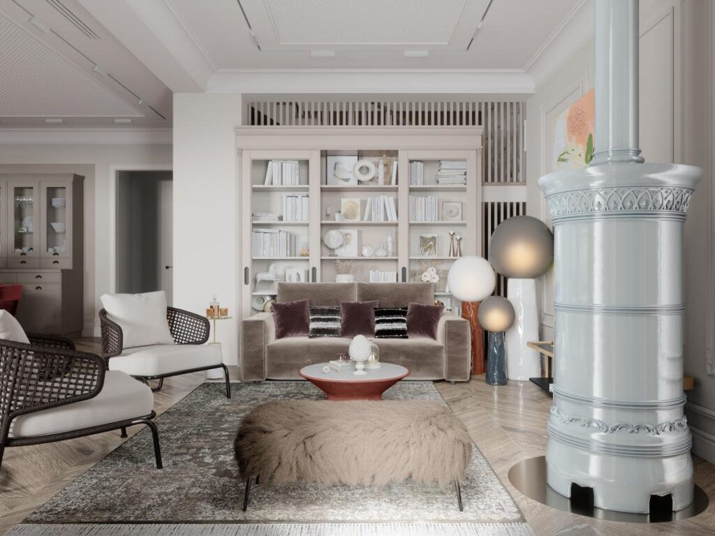 Светлый дизайн гостиной в таунхаусе — 3Д эскиз студии "Градиз"