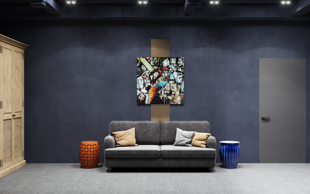 Дизайн приемной в темных оттенках с диваном и яркой картиной —  3Д-эскиз студии "Градиз"